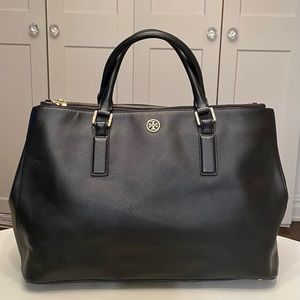 Tory Burch Robinson Large Double Zip Tote in Black Leather